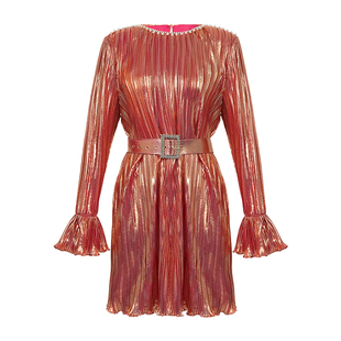 独特设计喇叭袖扎染条纹连衣裙绝美女神范气质收腰短款a字裙秋冬