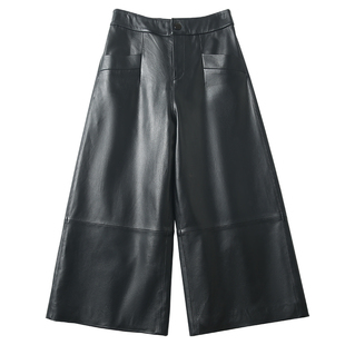绵羊皮真皮皮裤女秋冬新款高腰显瘦阔腿皮裤子宽松显瘦外穿七分裤