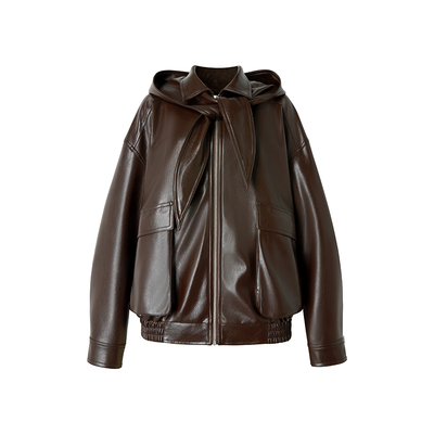 Uena棕色落肩袖PU皮衣