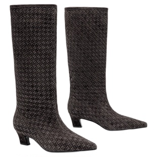 MD女鞋·蔓菁·手工编织鞋2025新款瘦瘦靴女复古尖头长筒靴子袜靴