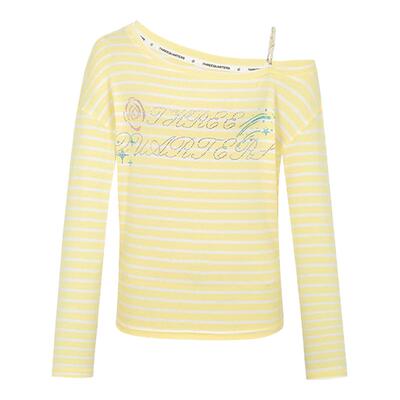 ThreeQuarters26春夏条纹亚麻烫钻斜肩珍珠链条T恤银泰百货301355