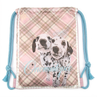 OTPe*Puppy princess 皇冠斑点狗烫钻印花撞色抽绳双肩包