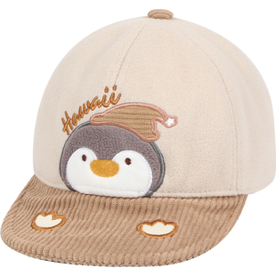 春秋宝宝薄毛呢鸭舌帽小孩刺绣小企鹅遮阳帽子男女儿童软檐棒球帽