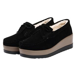 真皮松糕鞋2022冬季新款加绒棉鞋一脚蹬妈妈单鞋女加棉豆豆毛毛鞋