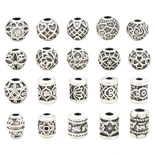 足银隔珠 3D硬银立体福字莲花六字真言圆珠桶珠 S999纯银DIY配件