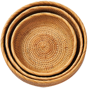 越南藤编水果篮子糖果盘编织筐零食干果盒收纳筐圆形三件套小号