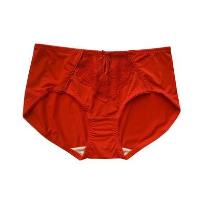结婚红蕾丝拼接牛奶丝中腰内裤