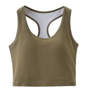 带胸垫夏季薄款纯棉工字美背内搭女短款露脐打底免文胸背心可外穿