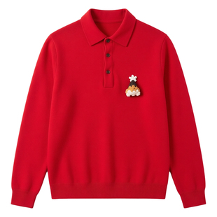 吴磊明星同款本命年红色羊绒毛衣订婚男装秋冬针织红色Polo衫男士