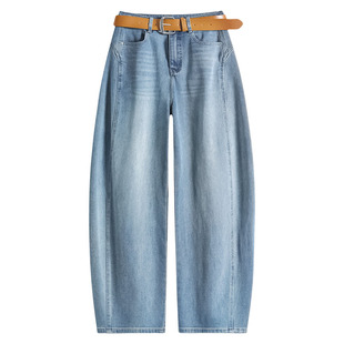 浅色阔腿牛仔裤女春夏款2026年新款高腰遮胯显瘦垂感直筒弯刀裤子