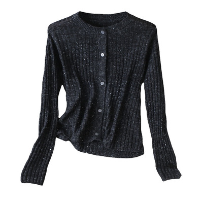 篙辨识度~低调炭黑色嵌小亮片螺纹弹性圆领长袖显瘦针织开衫上衣