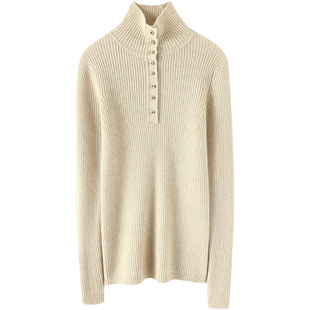 气质显白！金扣高领弹力修身羊绒衫女纯羊绒毛衣针织打底衫秋冬