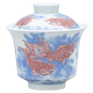 二亭青花釉里红茶碗 金玉满堂二才马蹄盖碗 景德镇手绘釉下彩瓷器