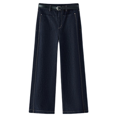 森马腰带高腰分割阔腿牛仔裤女