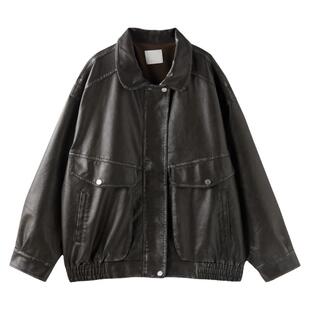 女大童韩版翻领皮衣学生秋装新款青少年复古水洗皮夹克衫亲子外套