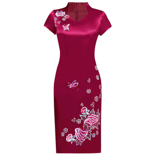 酒红色低领旗袍 刺绣妈妈装婚宴服喜婆婆旗袍裙礼服短款端庄大气