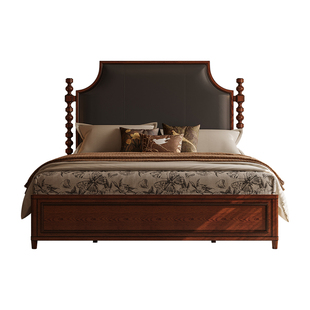 时余瑞莎冰柱床复古真皮床白橡木美式中古风大气婚床主卧头层牛皮