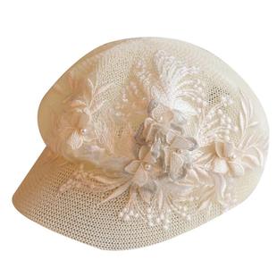 春夏森女文艺立体刺绣钉珠花朵遮阳鸭舌贝雷帽甜美白色草编八角帽