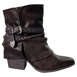 欧美外贸女短靴尖头粗跟复古风金属扣带秋冬季做旧西部牛仔靴拉链