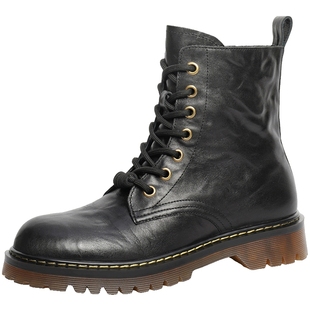 百丽女靴子复古马丁靴冬新款英伦风真皮褶皱加绒短靴棉鞋D3D1DDD4