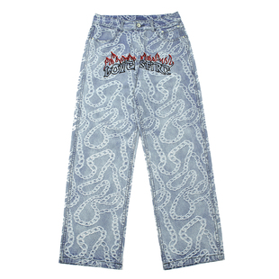 PASET刺绣牛仔裤男潮牌设计感嘻哈直筒美式高街欧美复古裤子ins