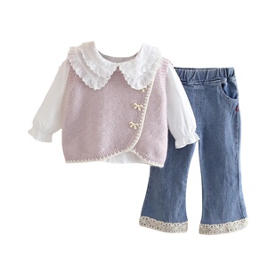 新款女童毛衣背心打底衫裤子三件套春秋装套装衬衫马甲小童针织衫