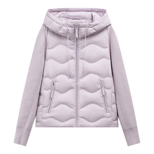 百家好韩系针织拼接连帽羽绒服女春季新款时尚休闲白鸭绒保暖外套