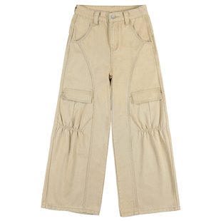 西岸社·美式复古结构抽褶弯刀工装裤女宽松大口袋阔腿裤baggy裤