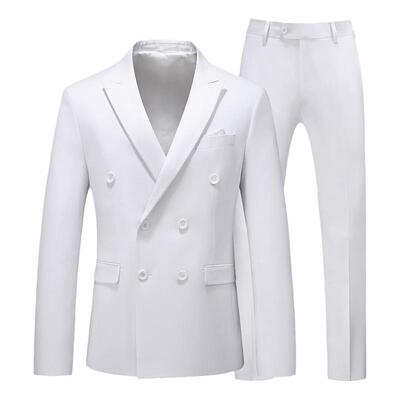双排扣修身西装白色新郎结婚礼服