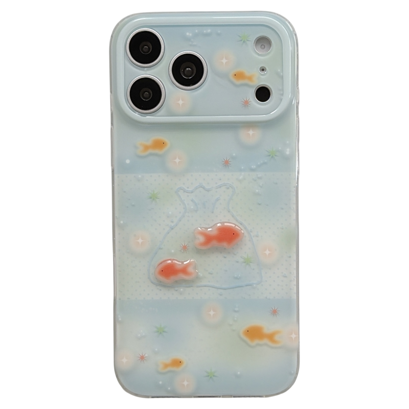jze夏日ins风蓝色波点气泡小金鱼立体适用苹果17ProMax手机壳iphone15新款16pro女17pro双层14全包防摔手机套