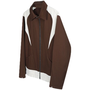 REBELTOREBEL 现货！咖色弯弧棉麻拼接夹克立领通勤中性外套