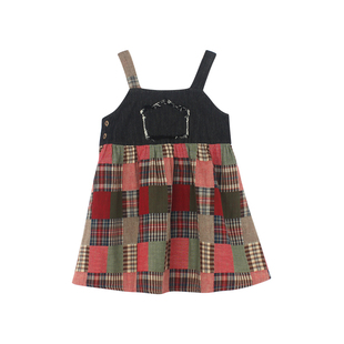 大耳象女童格子牛仔拼接背带裙2026夏季新款宝儿纯棉拼布薄款裙子
