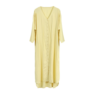 马思纯花少同款苎麻黄色长袖连衣裙2025秋新款设计感收腰气质长裙