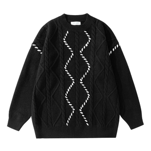 颖哥红毛线衣男冬季打底衫扭花针织衫条纹毛衣新年潮流慵懒风上衣