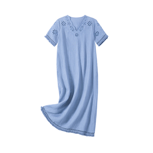 YANGLE_海边度假连衣裙女夏2025新款法式重工镂空刺绣宽松亚麻裙