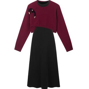 衣香丽影2025冬装新款红色针织衫黑色背带连衣裙套装女时尚两件套