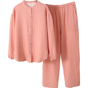 春秋薄睡衣水洗棉双层纱圆领套装男女情侣长袖长裤有裤袋波点束口