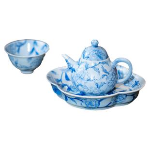 小雅瓷器家|景德镇青樵轩手绘青花瓷蓝韵牡丹茶壶茶杯新中式茶具