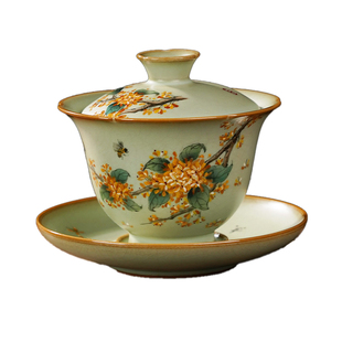 汝瓷三才盖碗手绘桂花手工汝窑泡茶碗开片可养收藏省工大师定制款