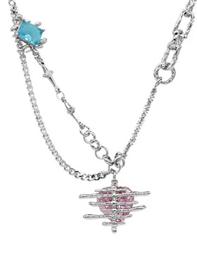 千禧辣妹蓝粉色锆石拼接项链耳环