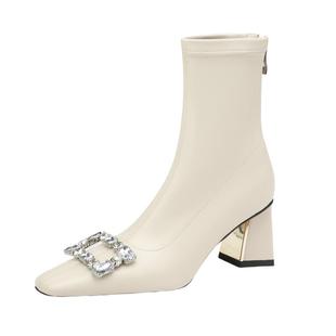 2025水钻方扣粗跟短靴女冬新款高跟瘦瘦靴方头弹力靴白色包腿踝靴