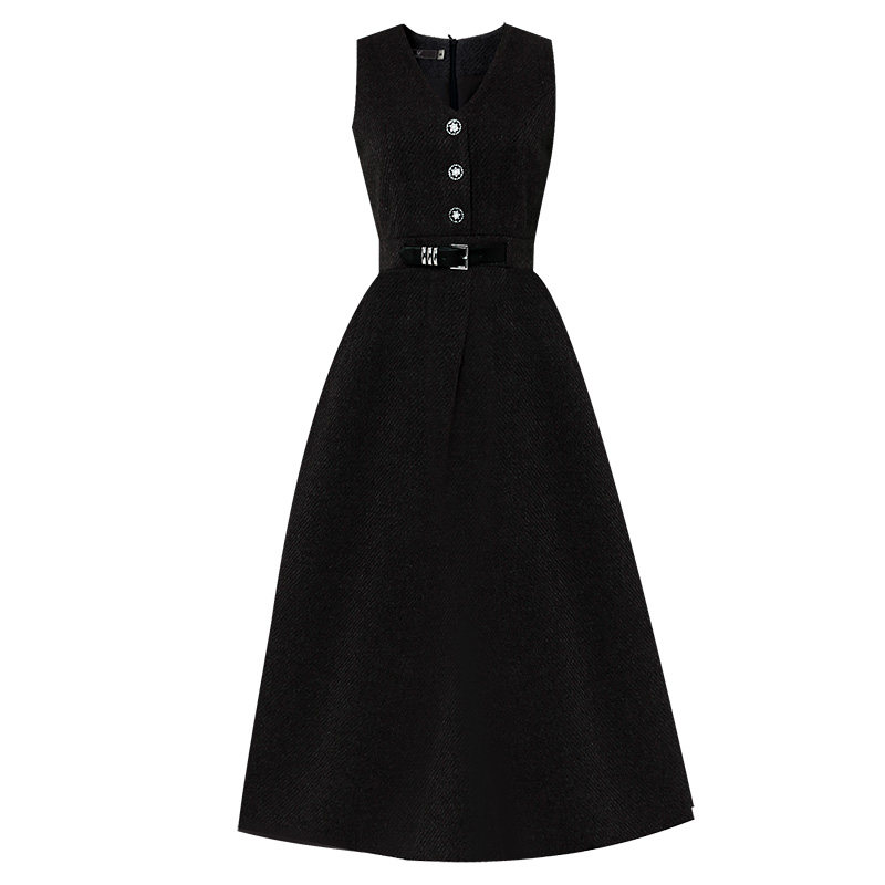2026秋冬季女装优雅气质OL无袖V领毛呢裙收腰大摆长裙百搭连衣裙