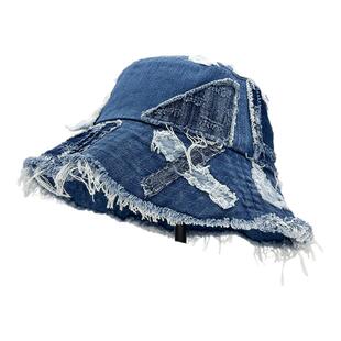 日系小众拼接牛仔渔夫帽女做旧乞丐风水桶帽个性设计感显脸小帽子