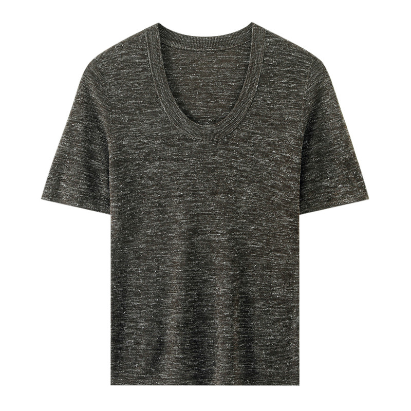彩色亚麻针织短袖t恤女夏U领上衣