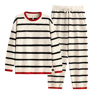 悦内半边绒睡衣女士秋冬款冬季保暖加绒珊瑚绒毛绒条纹家居服冬天