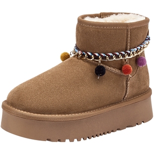 热风厚底雪地靴女2025年冬季新款复古棕色靴子百搭短筒加绒棉鞋子