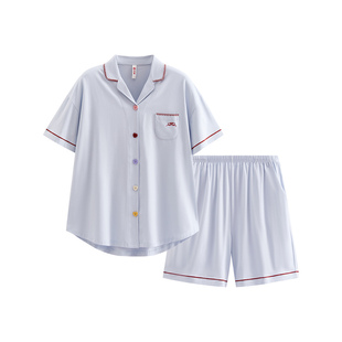 芬腾纯棉睡衣女款夏季薄款短袖短裤休闲宽松大码开衫家居服套装