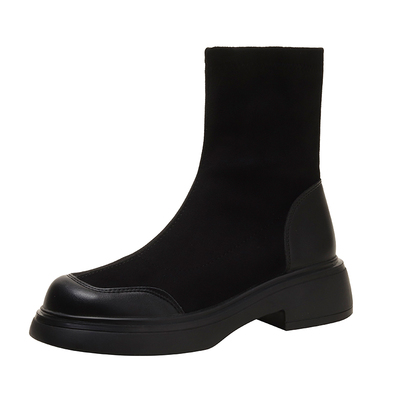 真皮弹力瘦瘦靴短靴粗跟冬季厚底