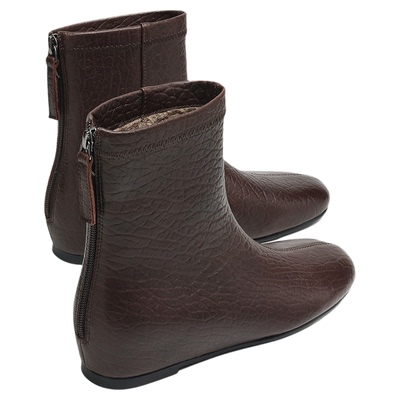 MILLIE S/妙丽圆头时尚短靴女士冬季套筒加绒复古软皮坡跟瘦瘦靴