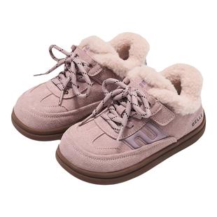 百丽童鞋女童棉鞋儿童德训鞋冬季宝宝加绒运动板鞋女孩软底雪地靴